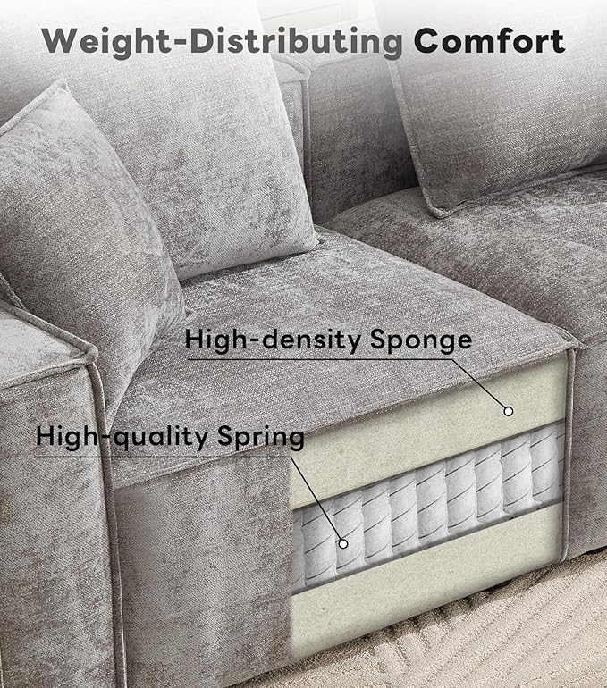 WILLOVE 141'' Modular Sectional Sofa, Chenille Cloud Couch with Wide Armrests & 6 Pillows, Deep Seat Couches for Living Room, Grey