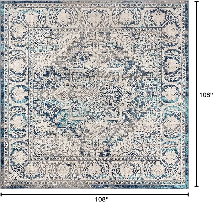 JONATHAN Y Modern Vintage Medallion Navy/Light Gray 9x9 Square Indoor Area Rug, Country, Floral, Easy-Cleaning for Living Room, Bedroom, Kitchen, Pet Friendly, Non-Shedding (MDP100B-9SQ)