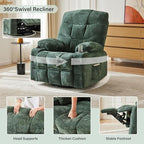 Manual Rocker Recliner Chair, 360°Swivel Recliner Chairs for Adults, Single Recliner Seat with Cup Holders,Upholstered Fabric Lazy Boy Recliner,Green