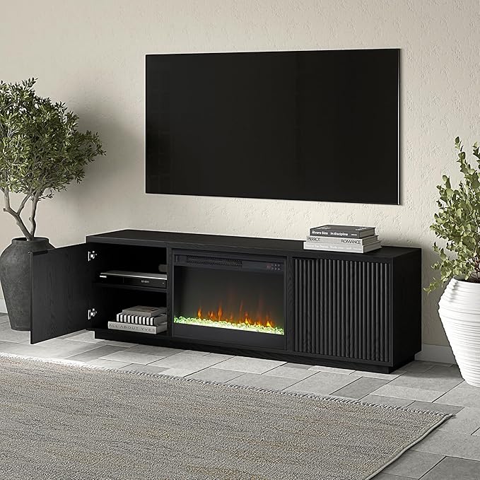 Henn&Hart Rectangular TV Stand with 26" Crystal Fireplace for TV's up to 78" in Black Grain, for Home, Living Room, Bedroom, Entertainment Room, Office