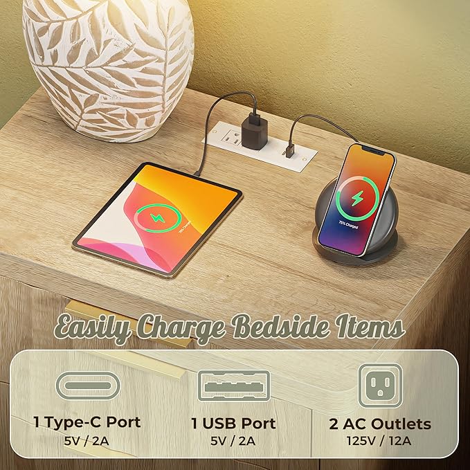 Huuger 27.6 Inch Tall Night Stand with Charger Station, USB-C Port, Fluted Nightstand with 2 Deep Drawers, Larger Wider Bed Side Table with Open Shelf, Bedroom Living Room End Table, Natural