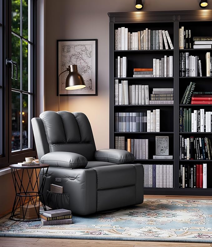 27" Oversized Power Recliner Chair, Faux Leather Rocking Chair with Heat & Massage, 360° Swivel Modern Electric Recliner with Cup Holder ＆ USB Charging for Living Room, Bedroom, Nursery - Grey