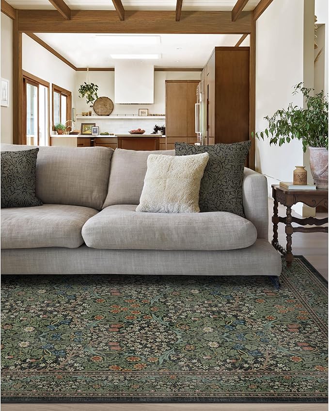 RUGGABLE x Morris & Co Washable Area Rug– Blackthorn Forest Green 6x9, Stain-Resistant, Non-Slip – Medium Machine Washable Rugs for Living Room, Bedroom, Hallway, Entryway & Office–with Cushioned Pad
