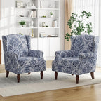 Pia Ricco High Back Floral Accent Chair - Retro Wingback Upholstered Armchair with Nailhead Trim, Solid Wood Legs, Fabric Living Room Bedroom Reading Chair (Flower Navy)