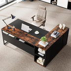 Tribesigns 71 inch Executive Desk, L Shaped Desk with Cabinet Storage, Executive Office Desk with Shelves, Business Furniture Workstation for Home Office, Brown and Black