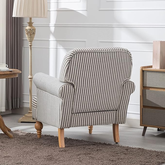Mid Century Modern Accent Chairs Set of 2 Linen Fabric Armchair Wide Reading Chairs Upholstered Lounge Couch Chair for Bedroom/Living Room, Black Stripe