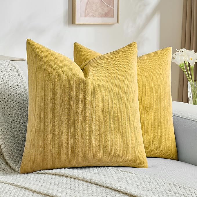 FUTEI Mustard Yellow Decorative Throw Pillow Covers 18x18 Inch Set of 2,Soft Cozy Wheat Ear Striped Patterns Cushion Cases,Modern Home Decor for Couch Bed Living Room