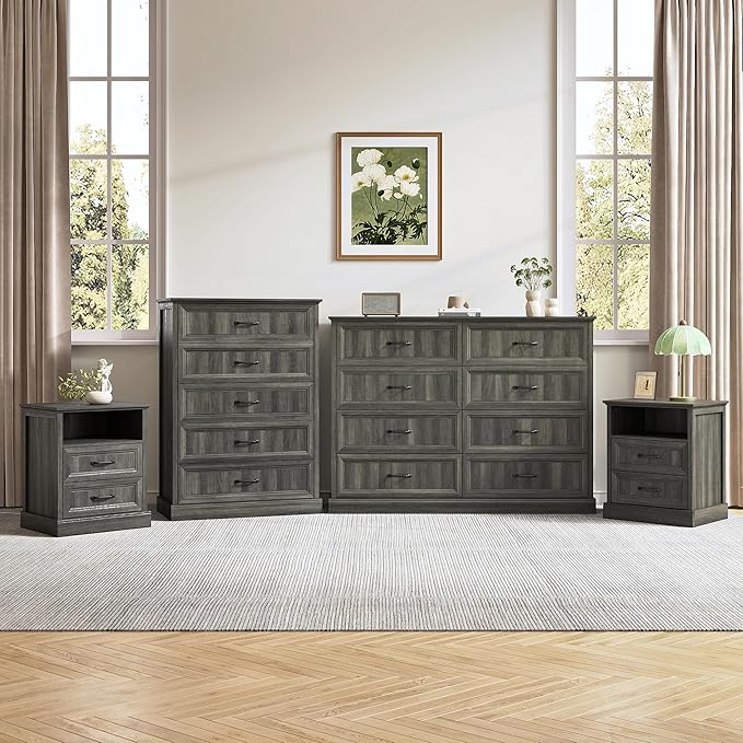 Farmhouse Dresser and Nightstand Sets, 4Pcs Bedroom Furniture Set, Nightstand Set of 2 & 55" Wide 8 Drawer and 44" Tall 5 Drawer Dresser with Large Drawers & Bar Handles, Grey