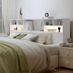 King Size Headboard for Bedroom, Stylish Bookcase Headboard with Built-in Charging Station & 2 LED Lights, Engineered Wood Headboards, Noise-Free HeadBoard King Size with Storage, White