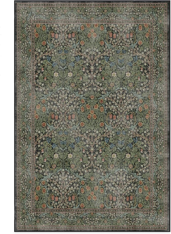 RUGGABLE x Morris & Co Washable Area Rug– Blackthorn Forest Green 6x9, Stain-Resistant, Non-Slip – Medium Machine Washable Rugs for Living Room, Bedroom, Hallway, Entryway & Office–with Cushioned Pad