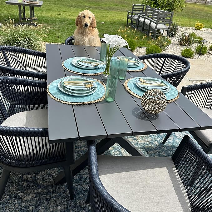 PURPLE LEAF Patio Dining Set for 10 All-Weather Wicker 11 Piece Aluminium Outdoor Table and Chairs Set Included Cushions for Backyard Indoor Decor Kitchen Modern Outdoor Furniture Set Grey and Navy