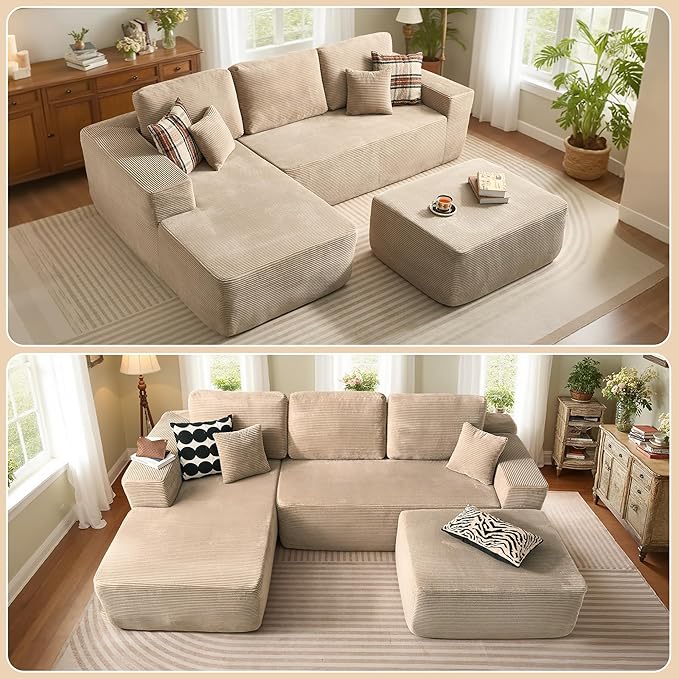 37.1" Ottoman for Couch, Plush Corduroy Memory Foam Ottoman Cloud Boneless Sectional Couch for Living Room Foot Stools No Assembly Require, Stripe Corduroy,Camel