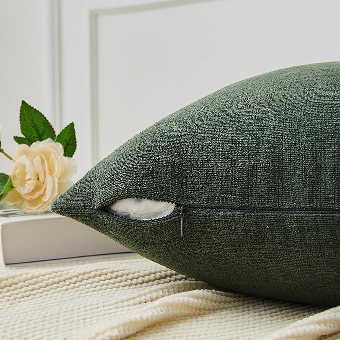 GAWAMAY Decorative Square Throw Pillow Covers 22"x22" Inch Set of 2, Super Soft Chenille Pillows Farmhouse Pillowcase for Living Room Bedroom Sofa Couch Cushion Cover Dark Green 55x55cm (No Insert)