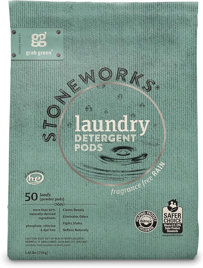 Grab Green Stoneworks Laundry Detergent Pods, Powered by Naturally Derived Plant & Mineral-Based Powder, Unscented, 50 Loads (Pack of 1) - EPA Safer Choice Certified