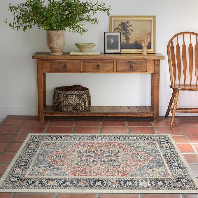 RUGGABLE Washable Vintage Area Rug – Kamran Cayenne Red 4x6, Stain-Resistant, Non-Slip – Medium Machine Washable Rugs for Living Room, Bedroom, Hallway, Entryway & Office–with Cushioned Pad