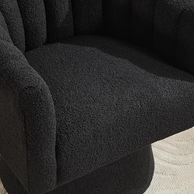 Swivel Accent Chair,Upholstered Teddy 360° Swivel Barrel Chair for Living Room Overstuffed Bouncle Reading Chair Round Armchair for Bedroom,Vanity,Office-Black