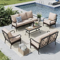 MFSTUDIO 5 PCS Outdoor Patio Furniture Set, Metal Outdoor Conversation Set, Rattan Wicker Patio Sectional Sofa Set with 2 x Fixed Single Sofa, 2-Seat and 3-Seat Sofa, 1 x Coffee Table, Beige