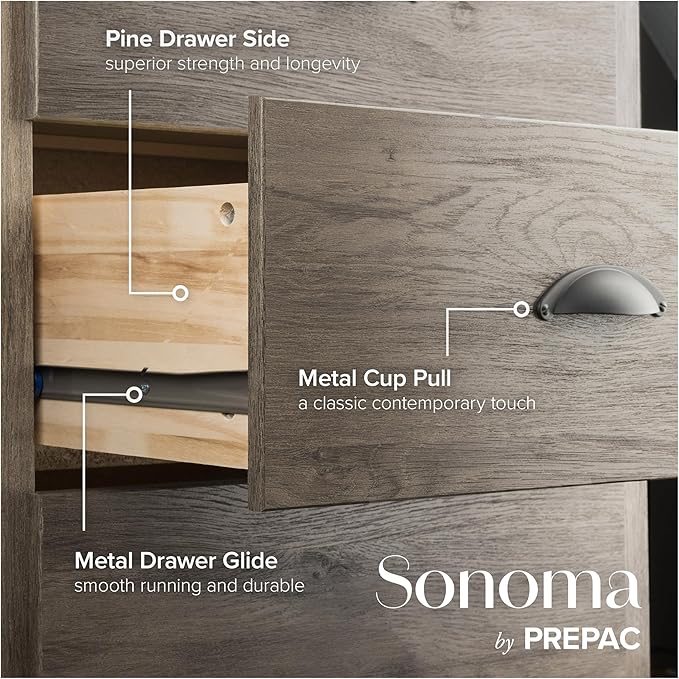 Prepac Salt Spring Rustic 6-Drawer Tall Dresser for Bedroom, Farmhouse Dresser Chest of Drawers 19" D x 23.25" W x 52.75" H, Drifted Gray, DDC-2354