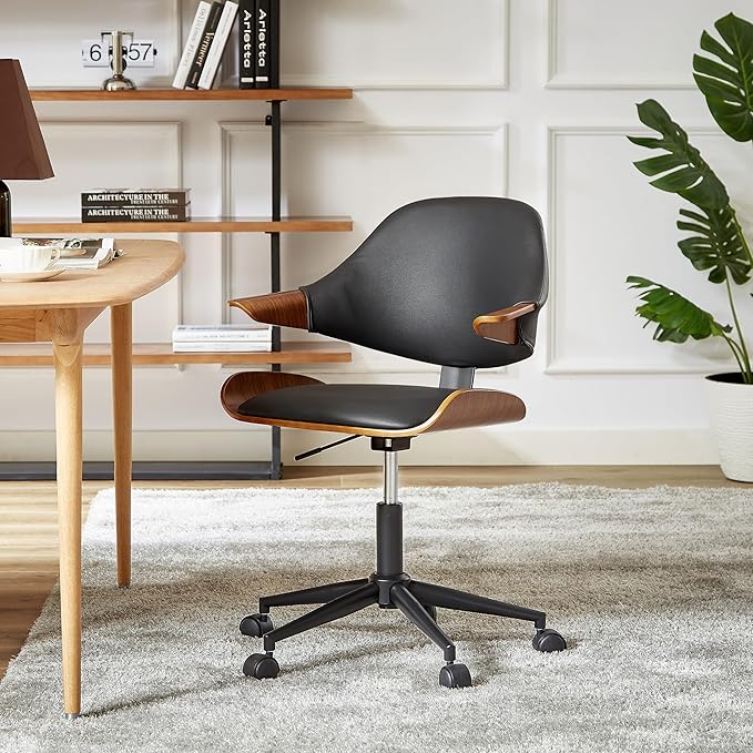 Art Leon Swivel Desk Chair, Mid Century Modern Office Chair with Wheels, Faux Leather Upholstered Arm Chair, Adjustable Height Task Chair with Metal Base, Black