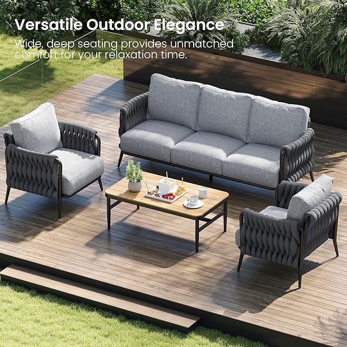 Outdoor Patio Furniture Set 6-Piece, Outdoor 5-Seat Sofa with Coffee Table, Waterproof Thick Cushion Patio Conversation Set, All Weather Outdoor Couch Set for Deck, Lawn, Balcony, Porch
