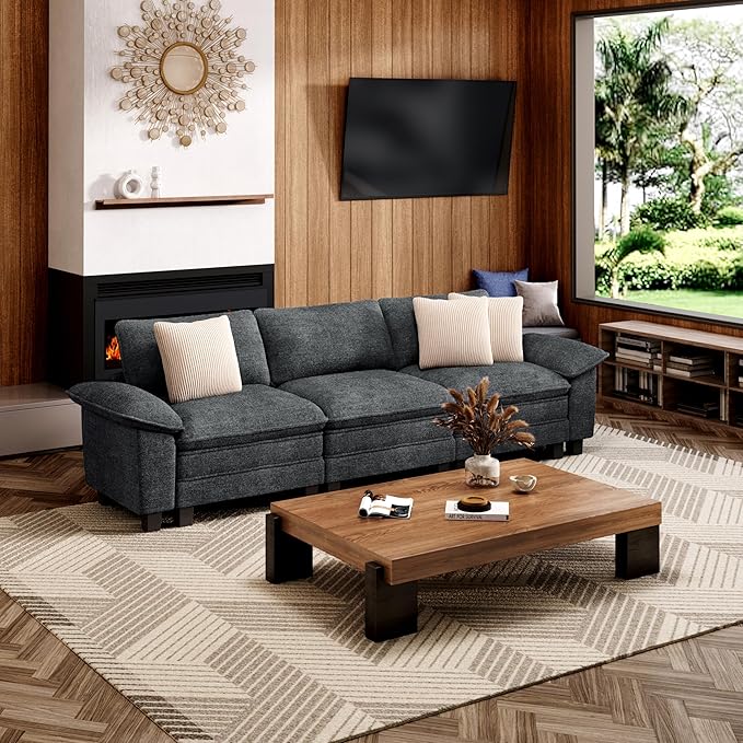 123" Cloud Modular Sectional Sofa, 3-Seater w/Deep Seat & Removable Arms, Plush Chenille for Living Room - Cyan