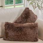 Cheer Collection Throw Pillows for Couch and Bed, Soft Shaggy Throw Pillows with Inserts Included, Cozy Long Hair Faux Fur Pillows - Set of 2-12" x 20" - Chocolate