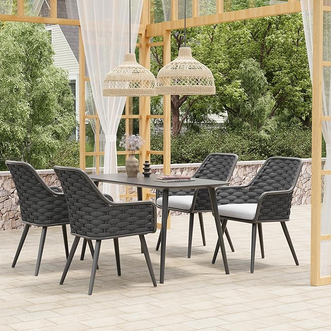 SUNSITT Outdoor Dining Chairs Set of 4, Metal Outdoor Patio Dining Chairs with Weather-Resistant Cushions, Woven Rope Chairs Outdoor with Armrest Dark Grey Outdoor Furniture for Backyard