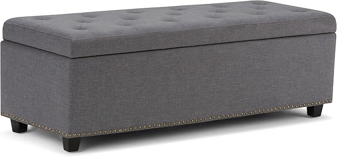 SIMPLIHOME Hamilton 48 inch Wide Transitional Rectangle Storage Ottoman in Slate Grey Linen Look Fabric, Assembled, For the Living Room, Entryway and Family Room