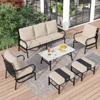 PHI VILLA Patio Conversation Sets 6 Piece, Deluxe Outdoor Patio Set for 5-7 Person with 3 Seater Padded Deep Seating Bench, 2 Padded Armrest Sofa Chairs, 2 Ottoman and & 1 Coffee Table
