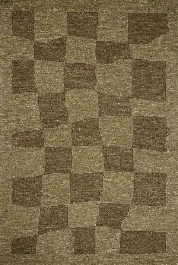Loloi Leanne Ford Craven Collection CVN-03 Green/Olive 7'-9" x 9'-9" Area Rug Checkered, Patterned, Neutral, Living Room, Bedroom, Dining Room