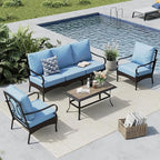 MFSTUDIO 4 Pieces Outdoor Patio Furniture Set, Metal Outdoor Conversation Set, Rattan Wicker Patio Sectional Sofa Set with 2 x Fixed Single Sofa, 3-Seat Sofa, 1 x Coffee Table, Blue
