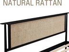 NTC Ruby Wooden Bed Frame with Headboard and Natural Rattan, Solid Oak Foundation with Silent Slats, 1000 Lb Capacity, Effortless Assembly, Queen - Burnt Black