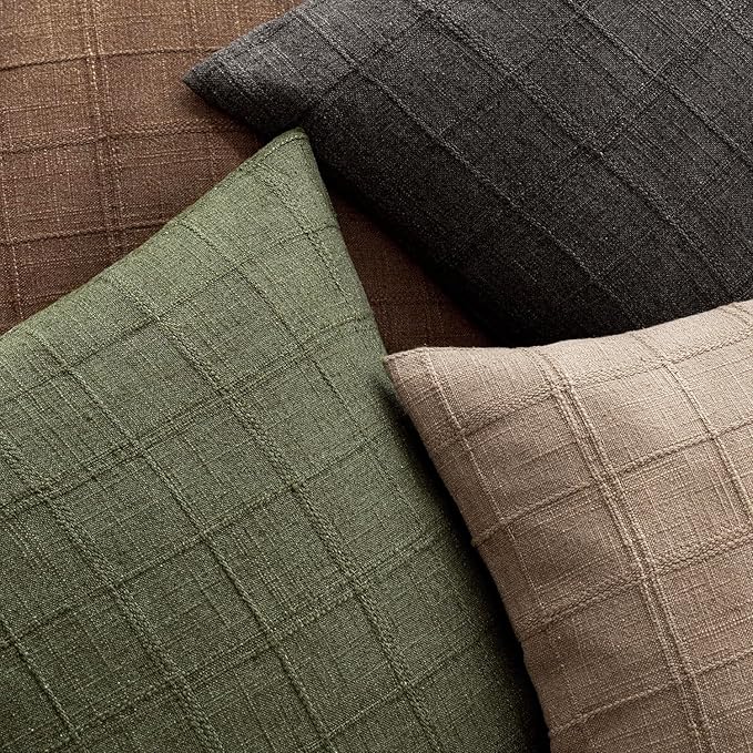 Foindtower Set of 2 Decorative Linen Check Throw Pillow Covers Neutral Farmhouse Vintage Cushion Covers Modern Boho Home Decor for Sofa Chair Couch Bedroom Living Room,20×20 Inch,Olive Green