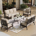 5 Piece Metal Outdoor Patio Furniture Set, Patio Conversation Sets 1 3-Seater Sofa, 2-Seater Sofa, 2 Fixed Sofa with 5.75" Thick Cushion & Coffee Table Black Backyard Furniture, Beige