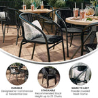EMMA + OLIVER Set of 4 Modern Rattan Indoor/Outdoor Stack Chairs, Stacking Rattan Patio Chairs with Curved Back and Cross Bracing, Black