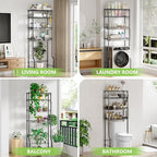 4-Tier Over The Toilet Storage, Bathroom Shelves with 6 Hooks, Metal Over Toilet Organizer with Adjustable Shelf and Basket, Freestanding Rack Space Saver for Bathroom, Laundry, Black