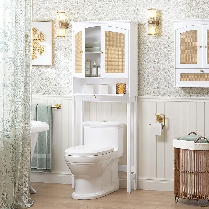 Spirich Over The Toilet Storage Cabinet with Rattan Doors, Over Toilet Bathroom Organizer with Tilt-Out Cube and Adjustable Shelf