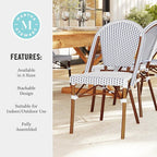 Martha Stewart Lily Pond Indoor-Outdoor Stackable Aluminum Bistro Chair with Natural Woodgrain Frame Finish and White/Navy Woven Rattan Backrest and Seat