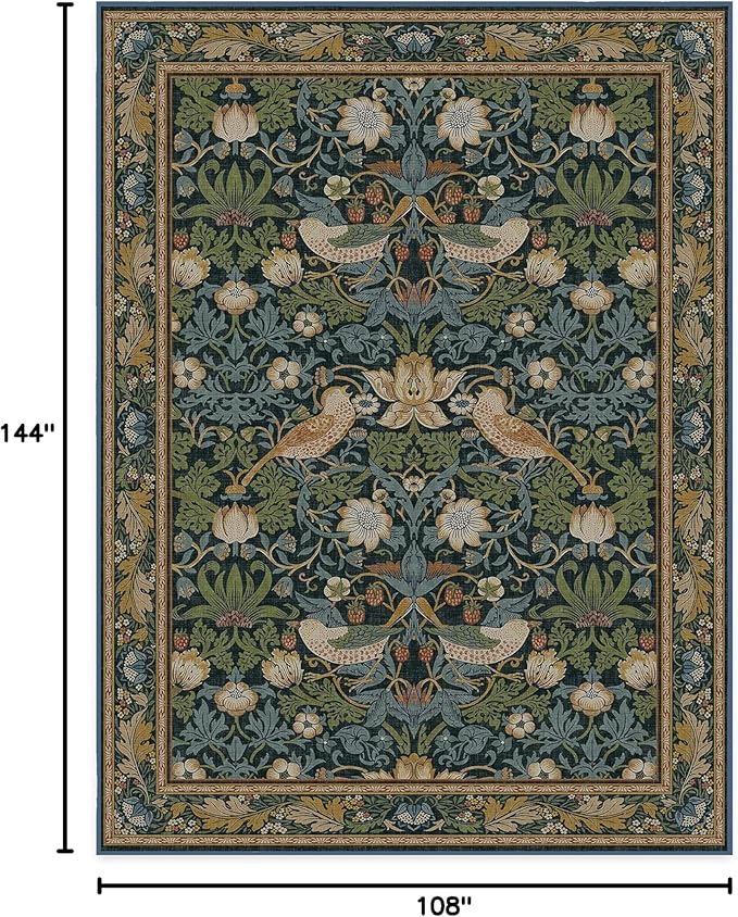 RUGGABLE x Morris & Co Washable Area Rug – Strawberry Thief Indigo 9x12, Stain-Resistant, Non-Slip – Large Machine Washable Rugs for Living Room, Bedroom, Hallway, Entryway & Office–with Standard Pad