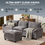114 Inch Modular Couch Sectionals with Ottoman, Big Comfy Cloud Couches, L Shaped 4 Seat Modular Sectional Sofa, Modern Cloud Sectional Couches for Living Room, Deep Seat Comfy Sofa, Grey