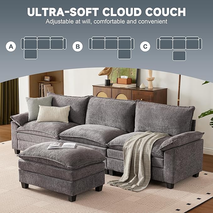 114 Inch Modular Couch Sectionals with Ottoman, Big Comfy Cloud Couches, L Shaped 4 Seat Modular Sectional Sofa, Modern Cloud Sectional Couches for Living Room, Deep Seat Comfy Sofa, Grey
