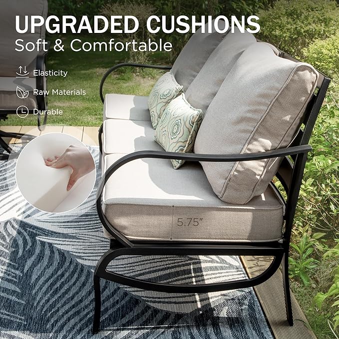 PHI VILLA 6 PCS Outdoor Patio Furniture Sets with 1x 3 Seater 72" Padded Deep Seating Bench, 2 x Cushioned Swivel Armrest Sofa Chairs, 2 x Ottoman and & 1 x Coffee Table for 5-7 Person