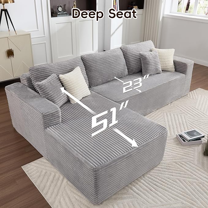 108" Boneless Couches for Living Room, Modular Sectional Sofa with Oversized Chaise, L-Shape Cloud Couch with Deep Seat, High-Density Memory Foam, No Assembly Required, Plush Corduroy Grey