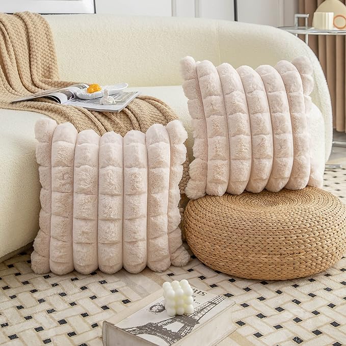 Neelvin Beige Faux Fur Cozy Soft Plaid Decorative Throw Pillow Covers 22x22 inch Set of 2,Velvet Pillowcase Cushion Case for Sofa Couch