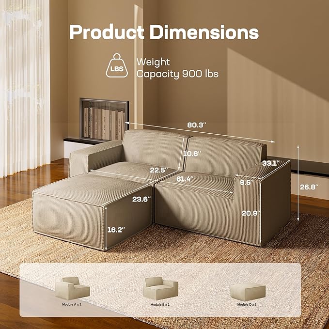 Marsail Modular Sectional Sofa, 80" L-Shaped Modular Sectional Couch with Deep Seat, Freely Combinable Sectional Clound Sofa for Living Room, No Assembly, Plush Corduroy Fabric, Beige