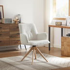 Art Leon Mid Century Swivel Chair - Boucle Fabric Upholstered Desk Chair No Wheels, Accent Armchair with Oak Wood Legs for Small Space Living Room Bedroom, Set of 2, Off White