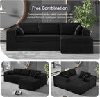 108-inch Boneless Couch for Living Room，Comfy Boneless Sofa with Deep Seats & Chaise Lounge, 3-Seat Modular Sofa Memory Foam Sectional Couches - No Assembly Required(Dark Black)