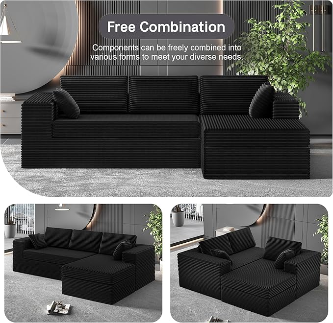 108-inch Boneless Couch for Living Room，Comfy Boneless Sofa with Deep Seats & Chaise Lounge, 3-Seat Modular Sofa Memory Foam Sectional Couches - No Assembly Required(Dark Black)