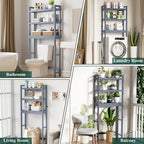 Smiry Over The Toilet Storage Cabinet, 3-Tier Bamboo Bathroom Organizers with Adjustable Shelf & 4 Hooks, Space Saving Shelf Rack for Bathrooms, Laundry Room, Balcony, Grey