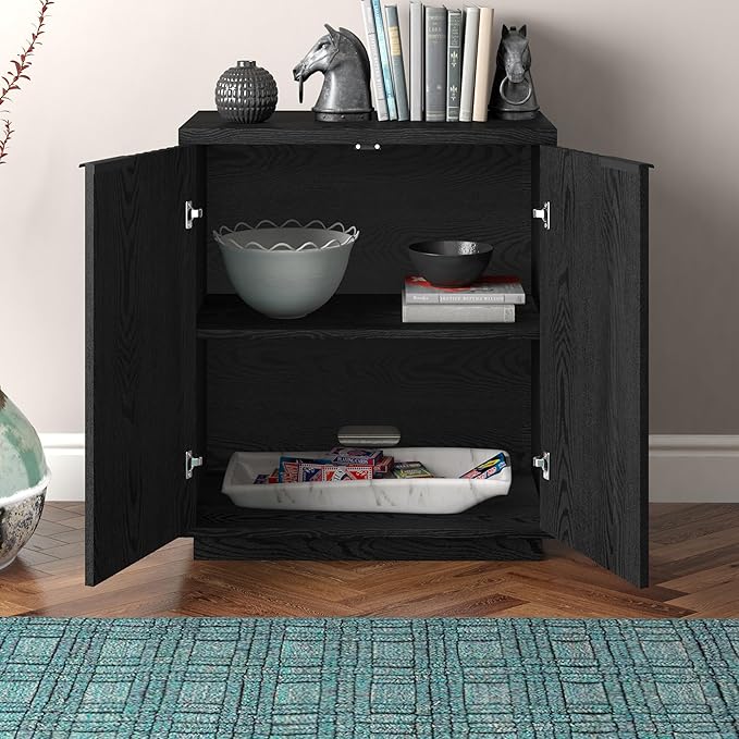 Henn&Hart 28" Fluted Wooden Accent Cabinet, Modern Ribbed Sideboard Buffet Cabinet with 2 Doors and an Adjustable Shelf for Living Room, Dining Room, Bedroom or Entryway, Black Grain